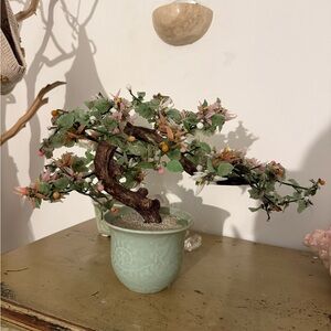 VNTG Jade Bonsai Tree, Ceramic Pot, Pink, Coral, White Flowers Green Leaves